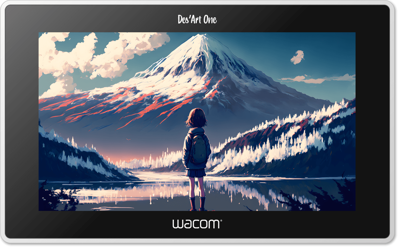 Tablette Wacom Des'Art One avec une illustration d'une jeune fille sur un rocher, de dos, face à un larc et une montagne enneigée.