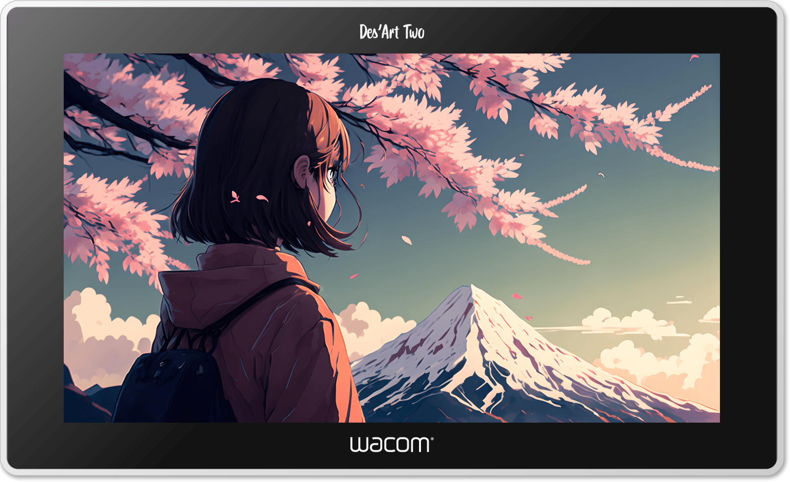 Tablette Wacom Des'Art Two avec l'illustration d'une jeune fille sous un cerisier en fleur, regardant au loin le sommet d'une montagne enneigée.